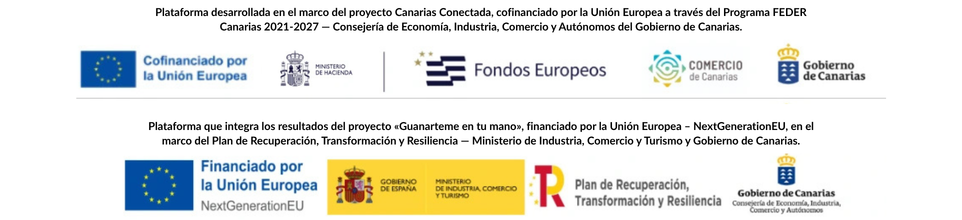 Im Rahmen des Projekts entwickelte Plattform Canarias Conectada, kofinanziert von der Europäischen Union im Rahmen des EFRE-Programms der Kanarischen Inseln 2021-2027 — Ministerium für Wirtschaft, Industrie, Handel und Autonome der Regierung der Kanarischen Inseln. Plattform, die Projektergebnisse integriertGuanarteme In Ihrer Hand, finanziert von der Europäischen Union – NextGenerationEU, im Rahmen des Sanierungs-, Transformations- und Resilienzplans – Ministerium für Industrie, Handel und Tourismus und Regierung der Kanarischen Inseln.