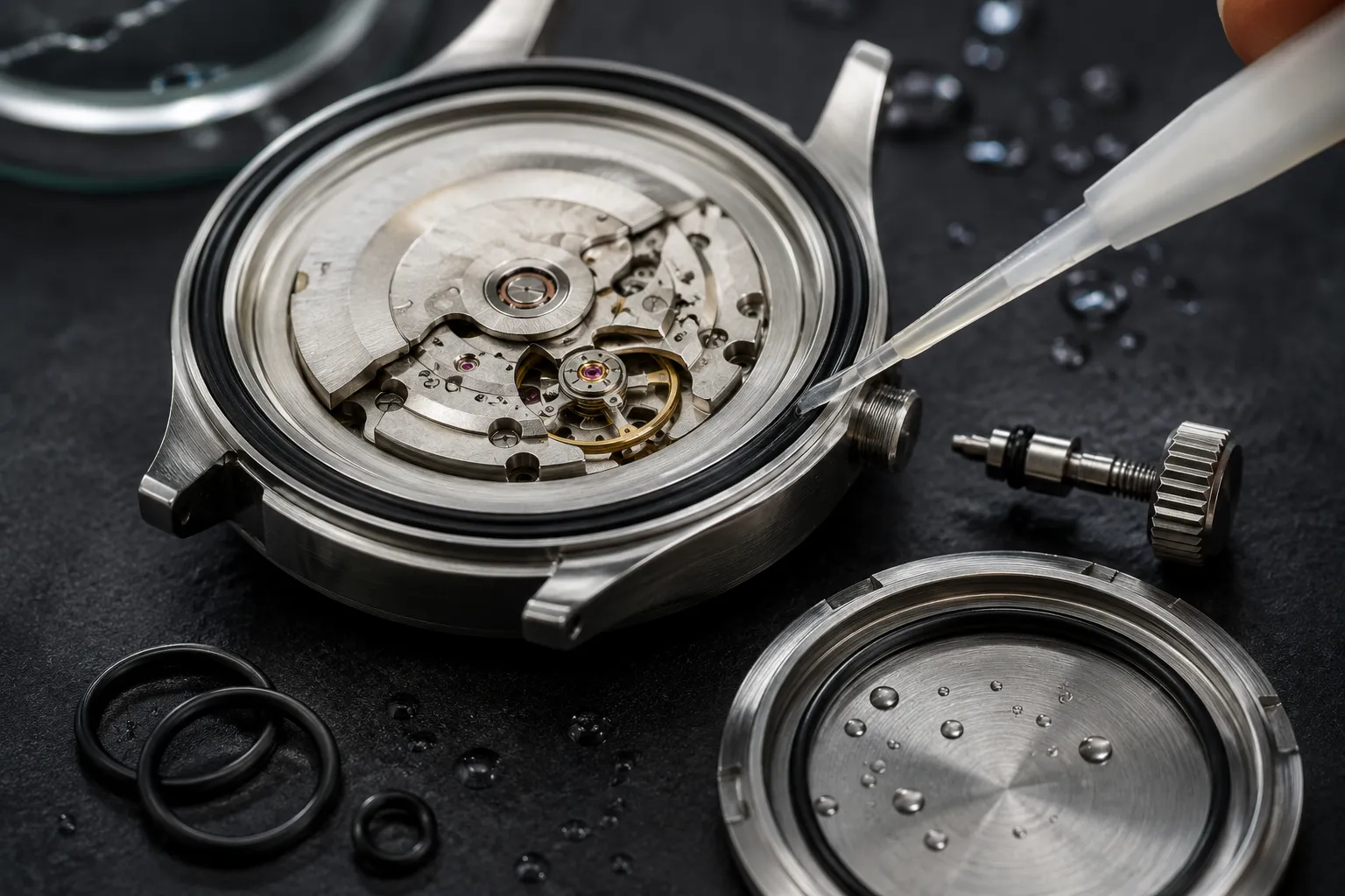 Hermetization for aquatic use of watches.